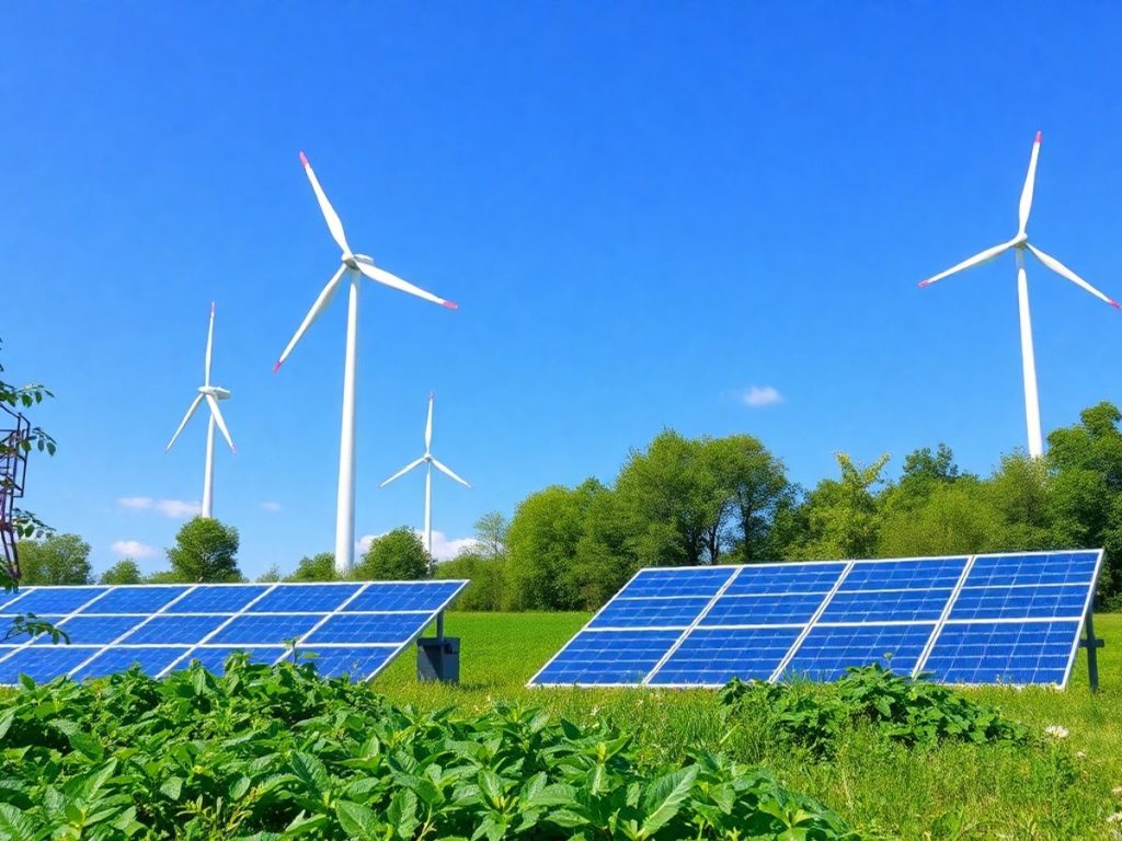 Peisaj cu turbine eoliene si panouri solare in natura.