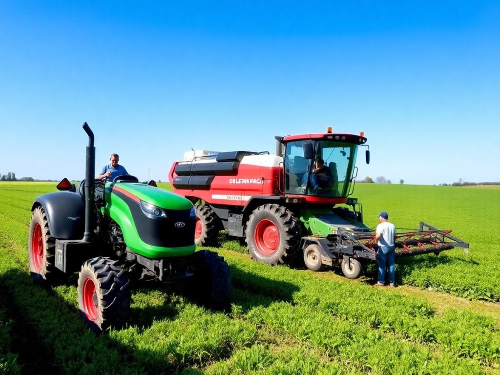 Peisaj agricol modern cu tehnologie avansată și câmpuri verzi.