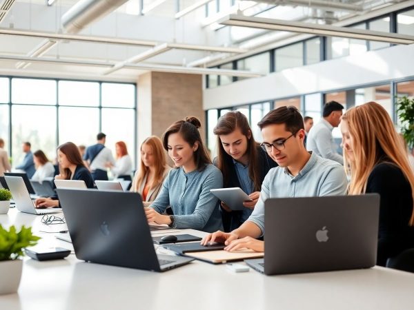 Oameni lucrând fericiți pe calculatoare moderne în birouri luminoase.