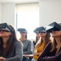 Elevi români cu căști VR în clasă
