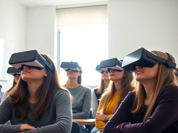 Elevi români cu căști VR în clasă