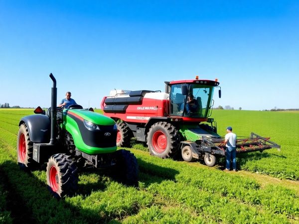 Peisaj agricol modern cu tehnologie avansată și câmpuri verzi.