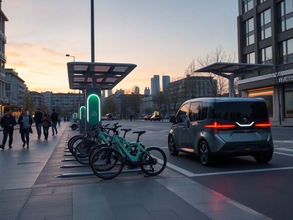 Mașină electrică modernă încărcându-se la stație futuristă noaptea din România